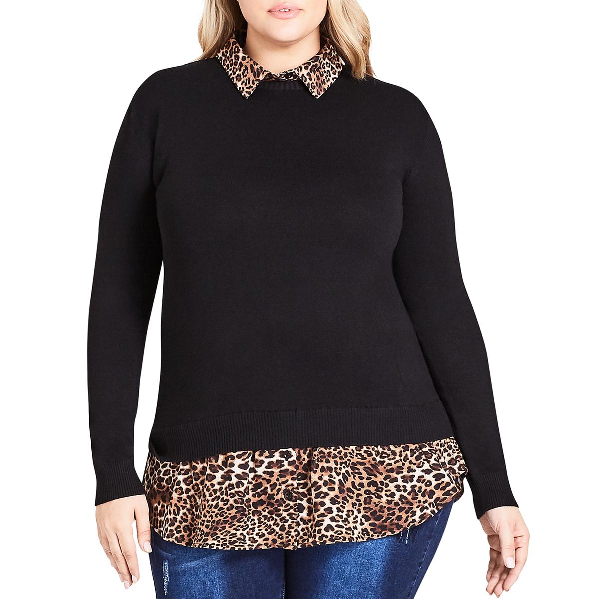 Plus Womens Mixed Media Animal Print Pullover Sweater