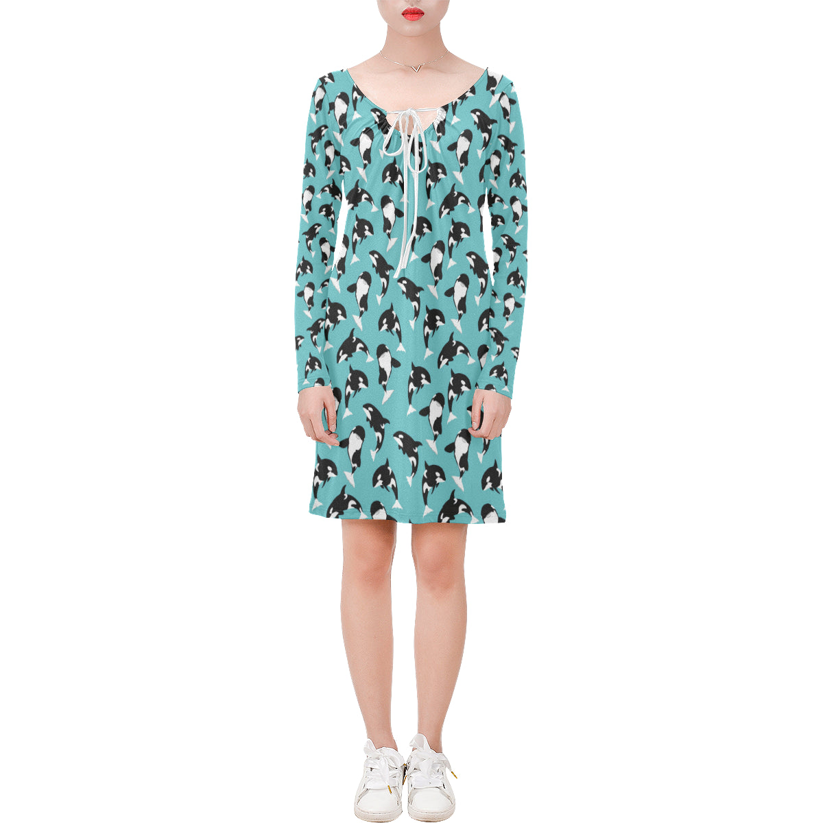 Whale Action Design Themed Print Long Sleeves Dress