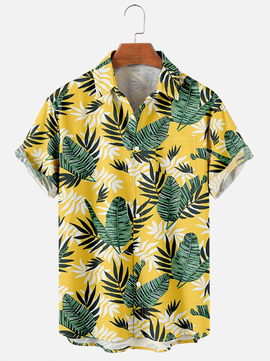 Mens Hawaii Shirt Tropical Leaves Print Casual Chest Pocket Short Sleeve Shirts For Couples Ha95515