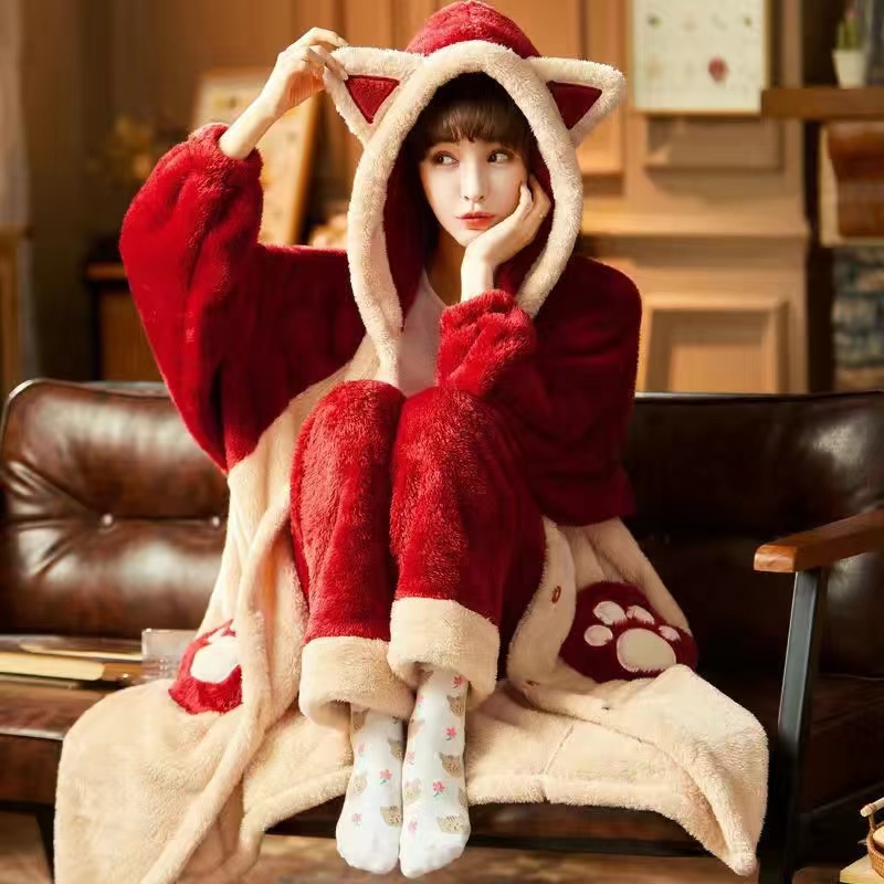 Autumn Winter Flannel Warm Pajamas Set Women Bunny Ears Hooded Pyjamas Thicken Warm Female Homewear Pijamas alx