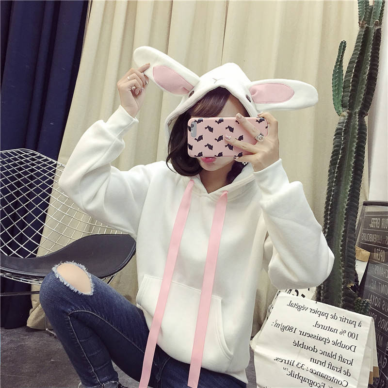 Bunny ears Hoodie Women Long Sleeve Cute Print Plus Velvet Sweatshirt women Winter Kawaii Fashion Hoodie Women alx