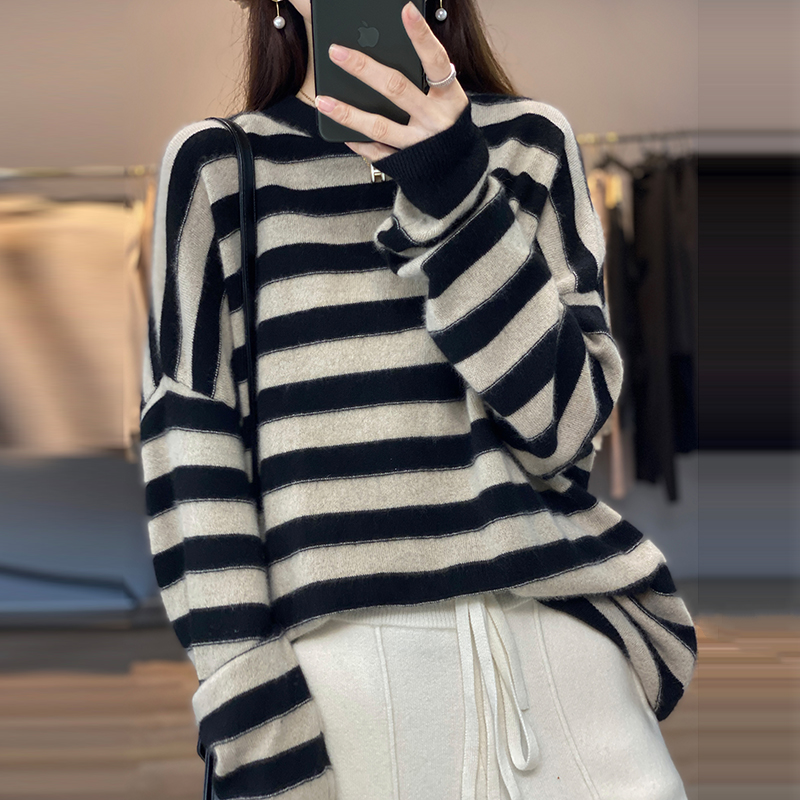 Stripe Crew Neck Sweater Women’s New Loose Pullover Sweater Knitted Undercoat Fashion Top Autumn Winter 100% Pure Woolen Sweater alx