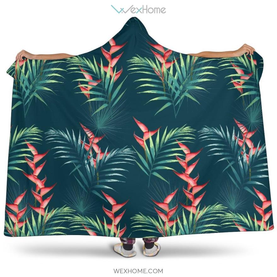 Heliconia Flowers, Palm And Monstera Leaves On Black Background Pattern Hooded Blanket