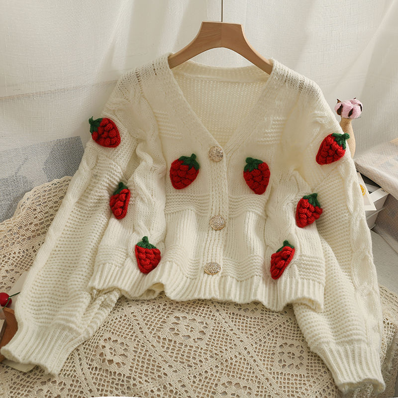 Women Sweater Sweet Style Three Dimensional Strawberry Loose Warm Single Breasted Knitted Ladies Korean Cardigan Top Outer Coat alx