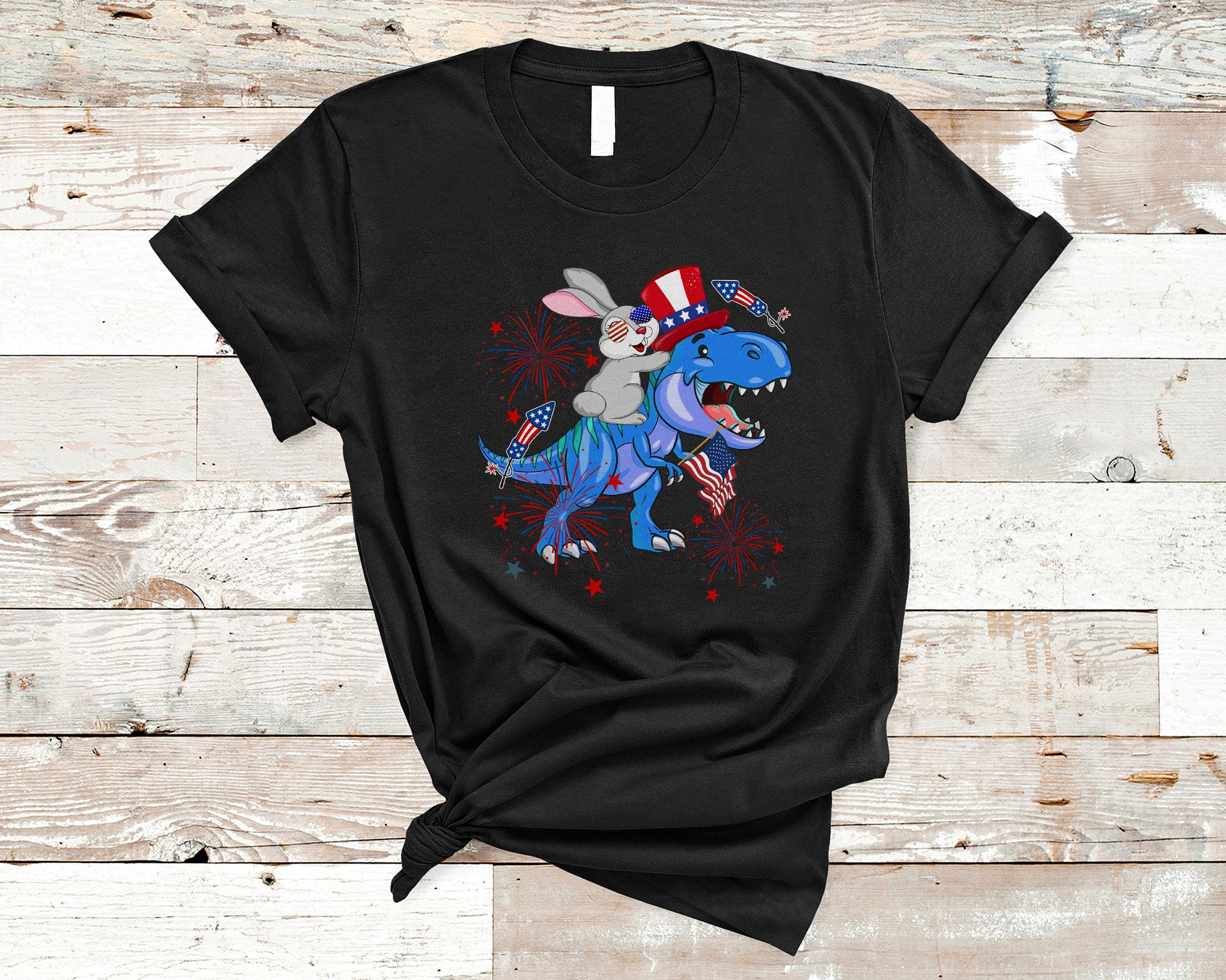 4Th Of July Shirt Bunny Ridding T-Rex Cool American Pride Firework Bunny T-Rex Lover T-Shirt