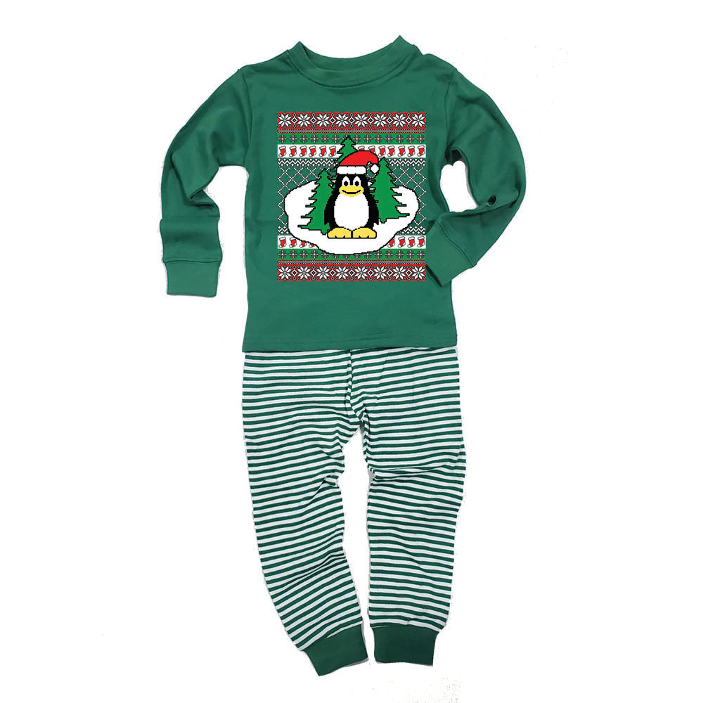 Penguin On Ice Ugly Christmas Sweater Toddler Long Sleeve Top Striped Pants Pajama Set