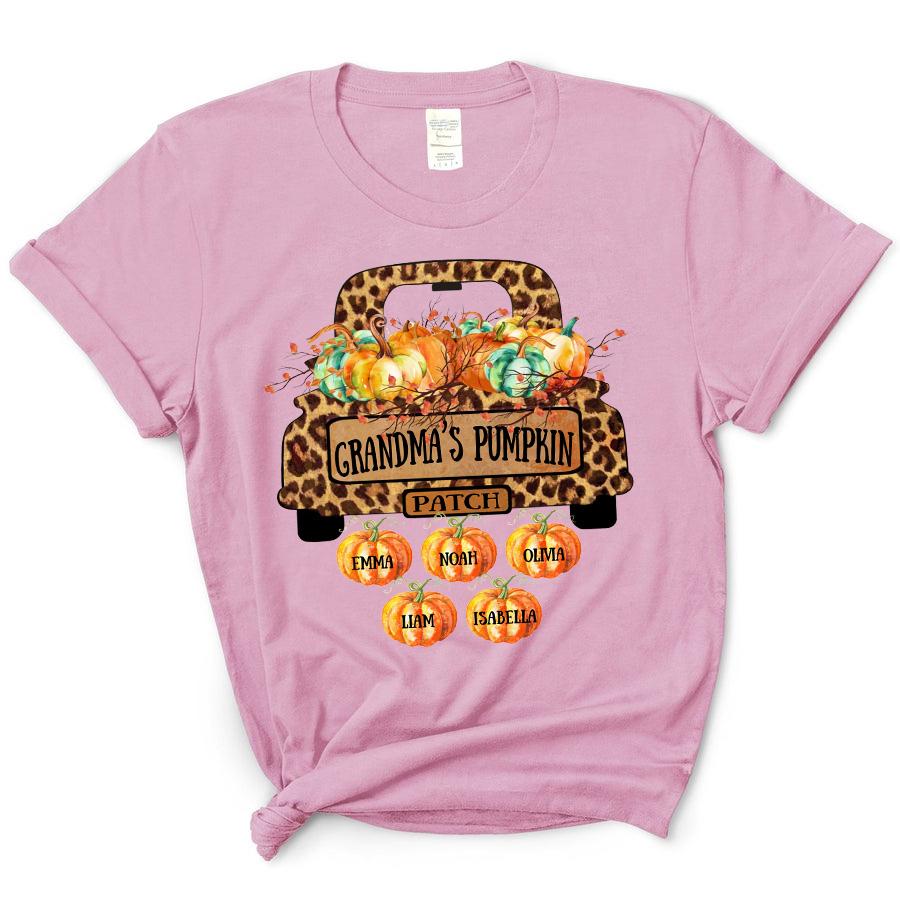 Personalized T-Shirt Grandma’S Pumpkin Patch Pumpkin Truck And Leaves Leopard Design  Custom Grandkids Name Fall Shirt