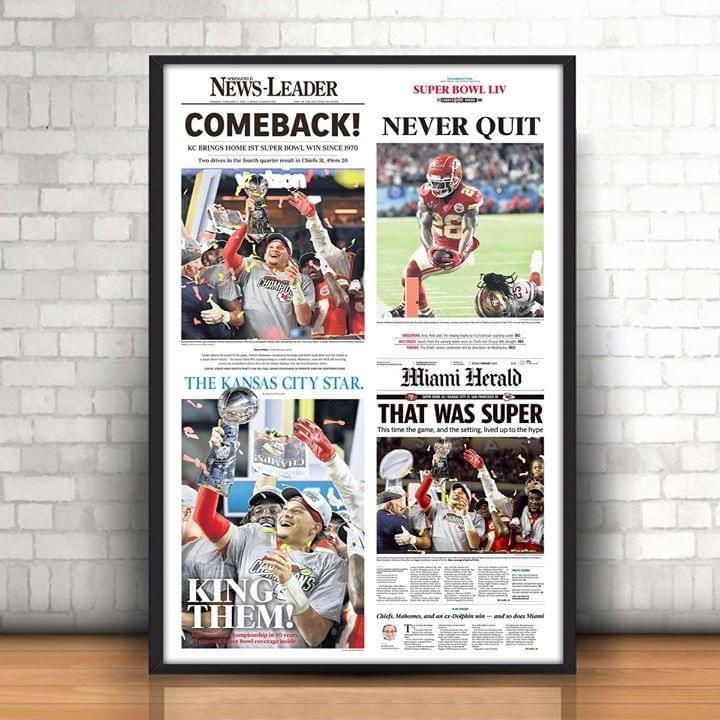 Kansas City Chiefs Super Bowl Liv Champions All Newspaper Headlines Kingdom Comeback Never Quit King Them poster canvas poster canvas