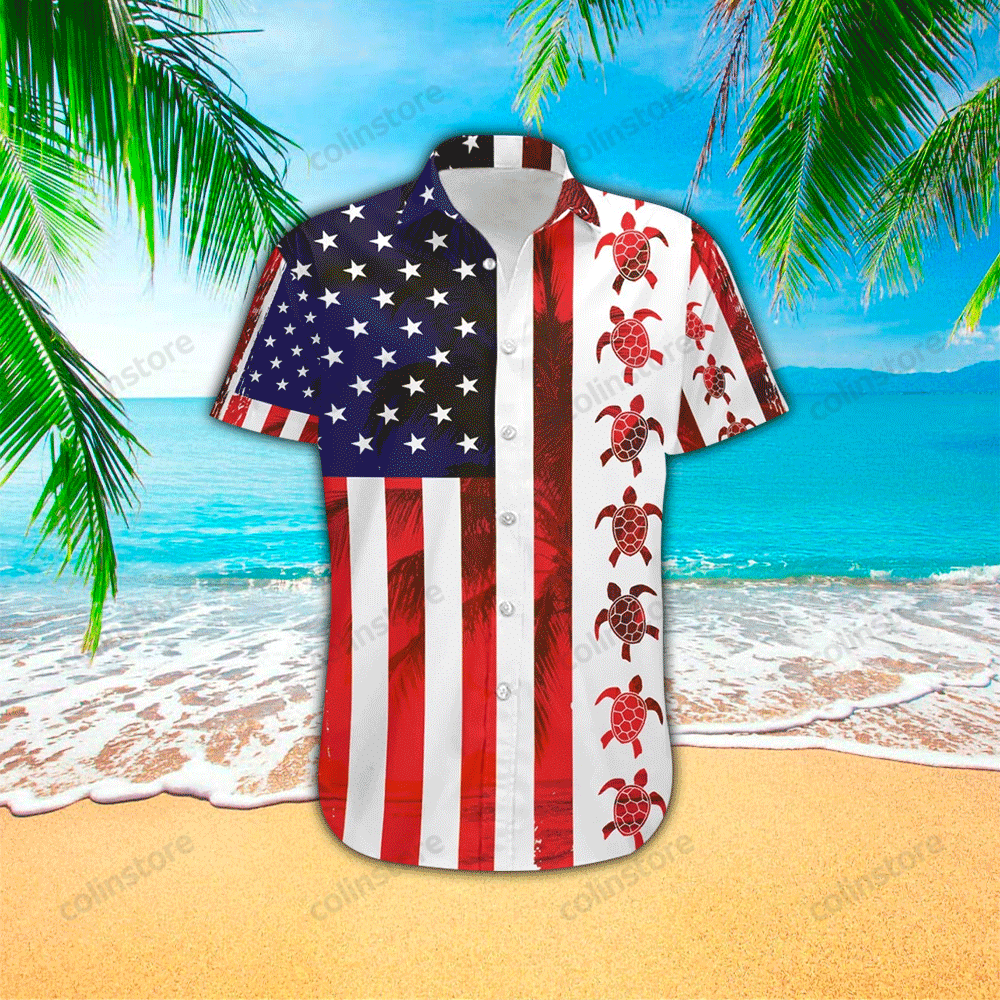 American Turtle Flag Print Polyester Hawaii Shirt Aloha Ha57007