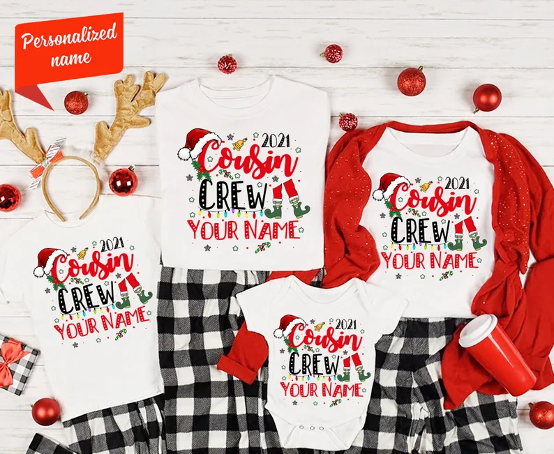 Personalized Matching Shirt For Family Cousin Crew Christmas 2021 Print Snowflake Candy Cane & Lights Custom Name & Year