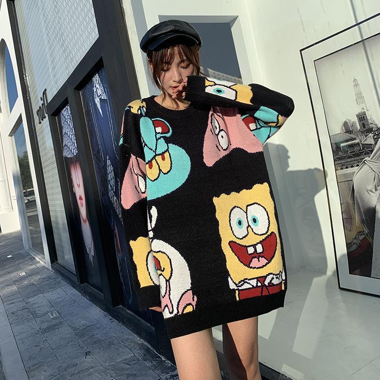 Sponge Sweater Bob loose Kintted Korean Pullover Black Hip Hop Street Couple Fashion Retro Plus Size 3xl Cotton Sweater 2022 alx