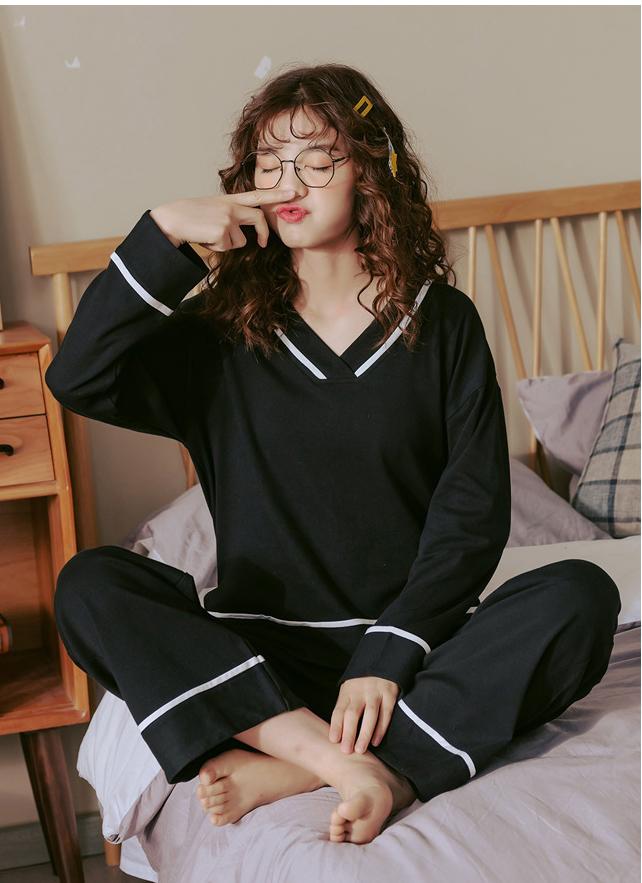 Black V-Neck 2Pcs Pajamas Set