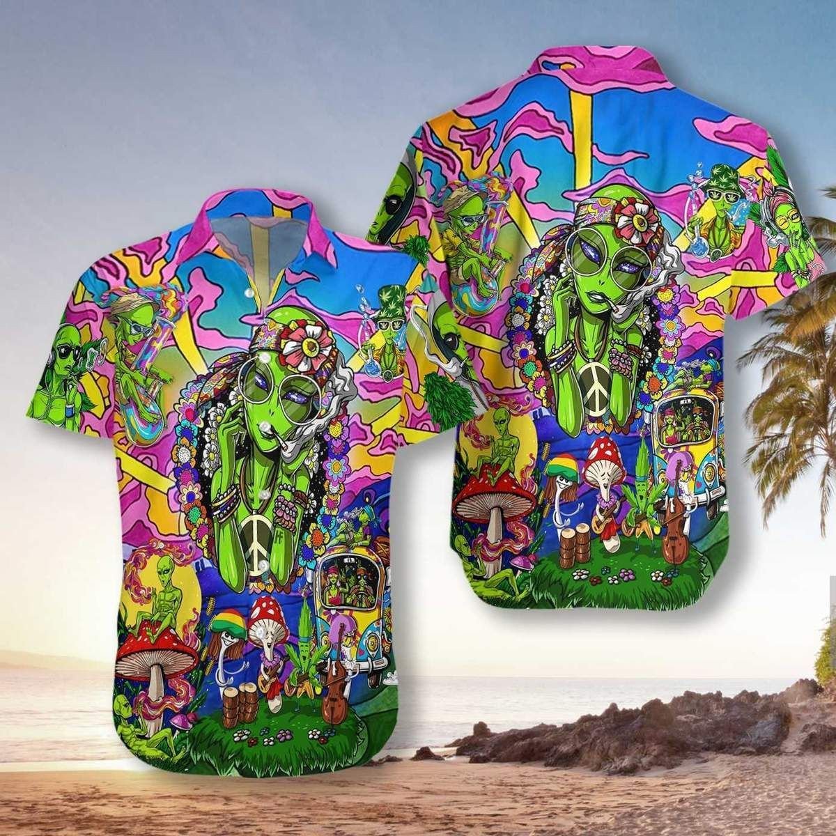 Hippie Alien Hawaii Graphic Print Short Sleeve Hawaii Shirt Size S Ha56550