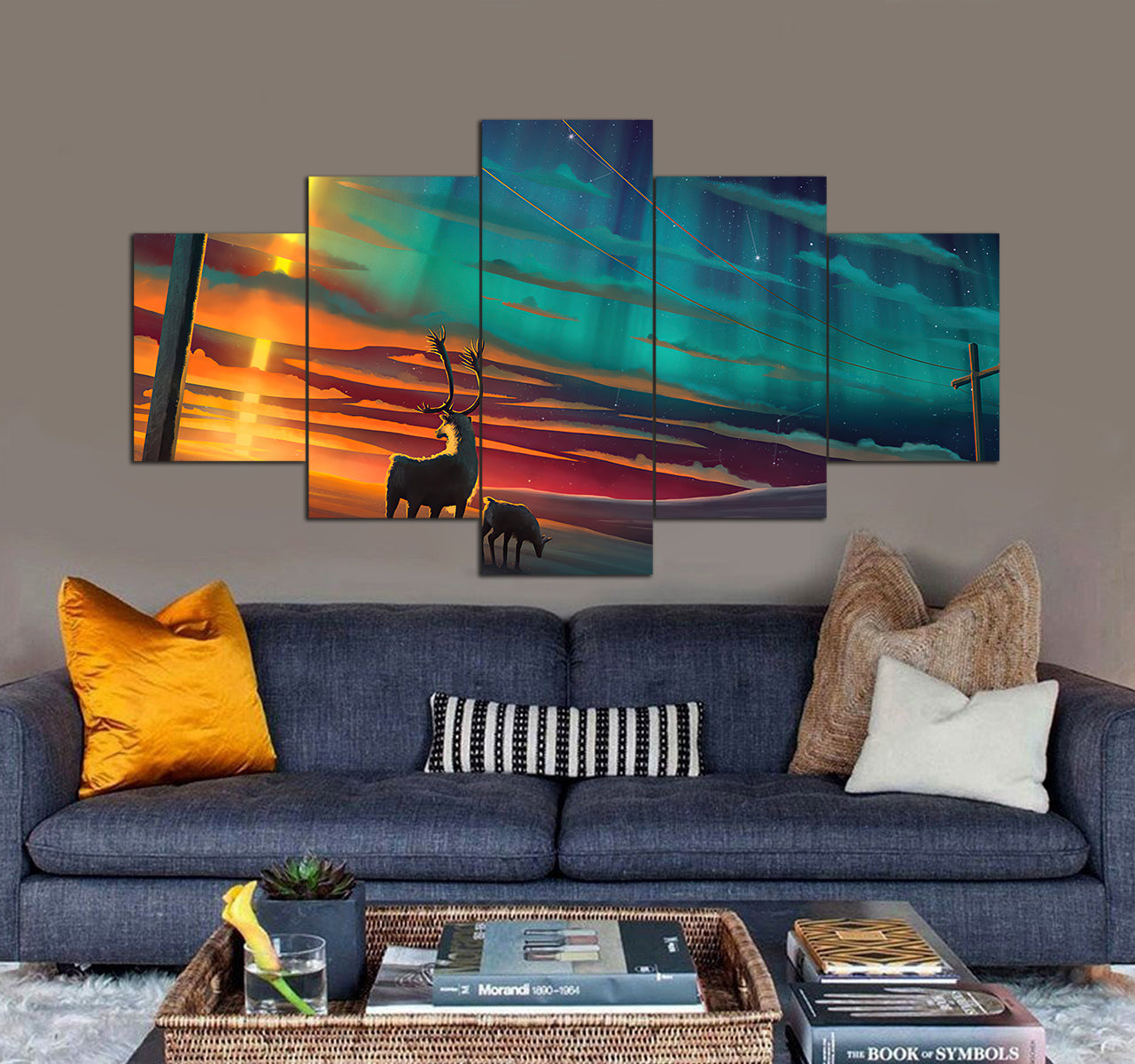 Night Sky Aurora Borealis Raindeer 3D 5 piece canvas art
