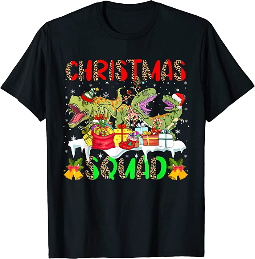 Christmas Squad Leopard Three Santa Reindeer Elf T-Rexes T-Shirt