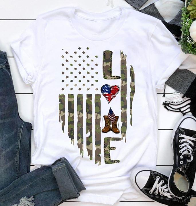 Love American Flag Army Pattern Design Cotton T Shirt