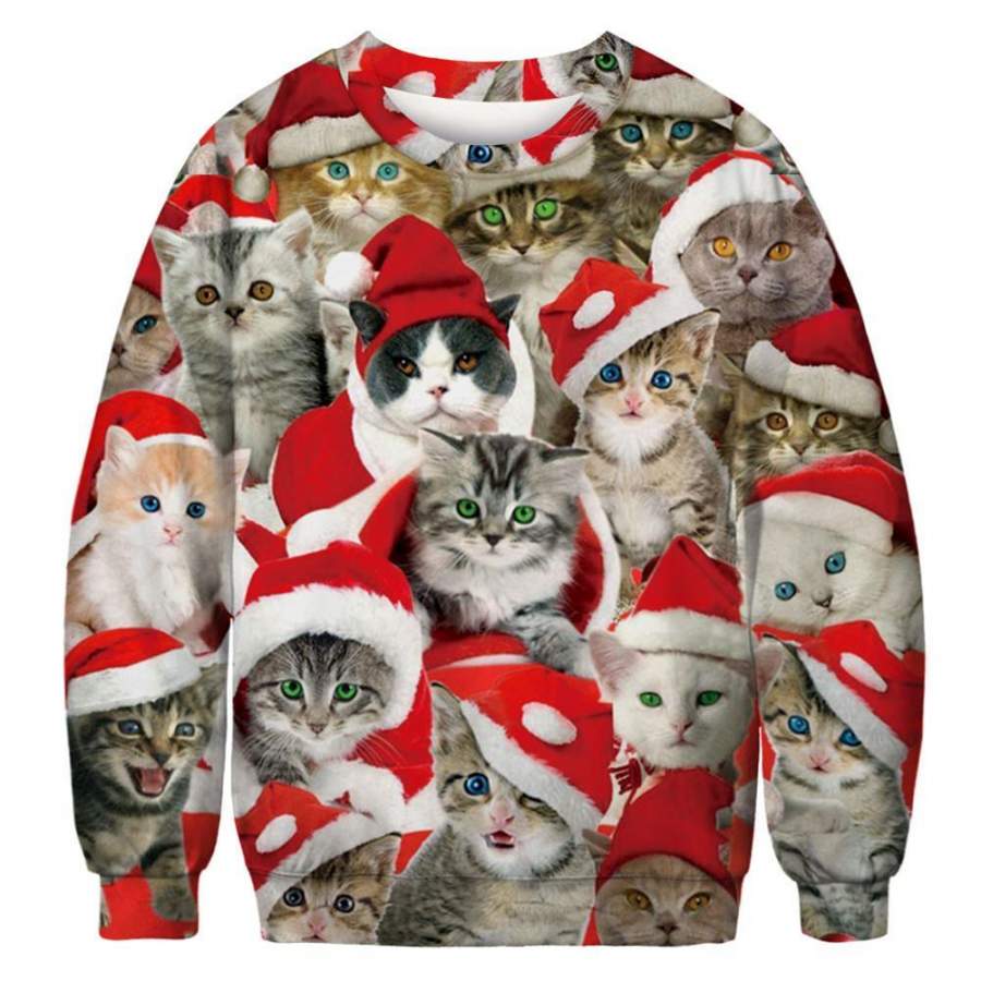 ADORABLE CAT WITH RED HAT 3D ALL OVER PRINT UGLY CHRISTMAS SWEATER