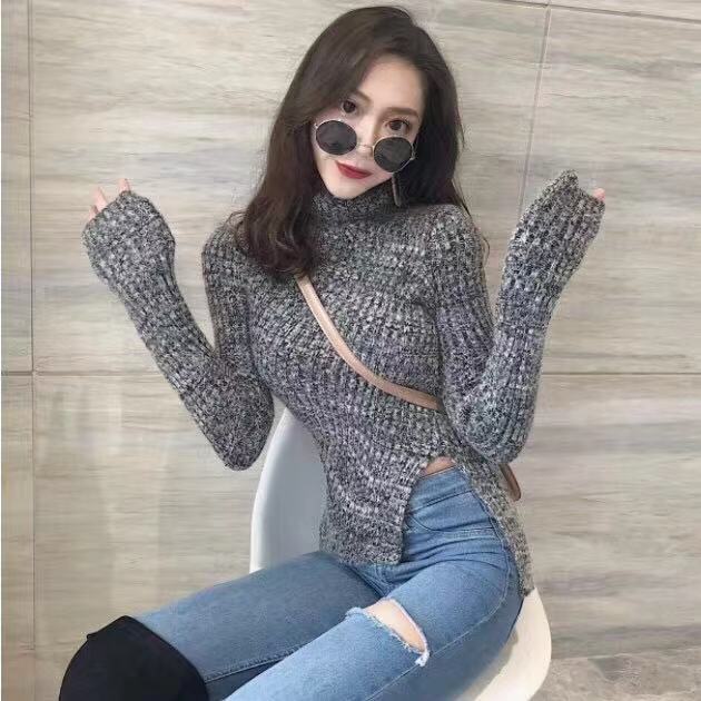 Sueter Mujer Cropped Pullovers for Women Turtleneck Long Sleeve Tunic Jumper Split Irregular Knitted Korean Sweaters Y2k Tops alx