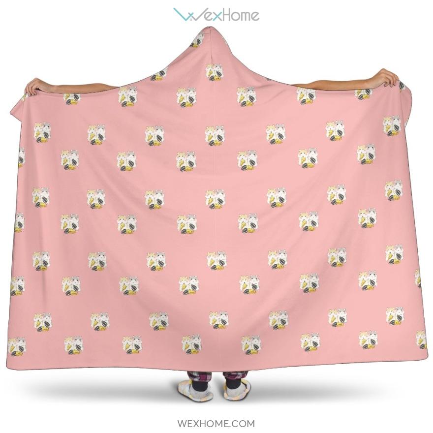 Cute Hamster Cheese Pattern Pink Background Hooded Blanket