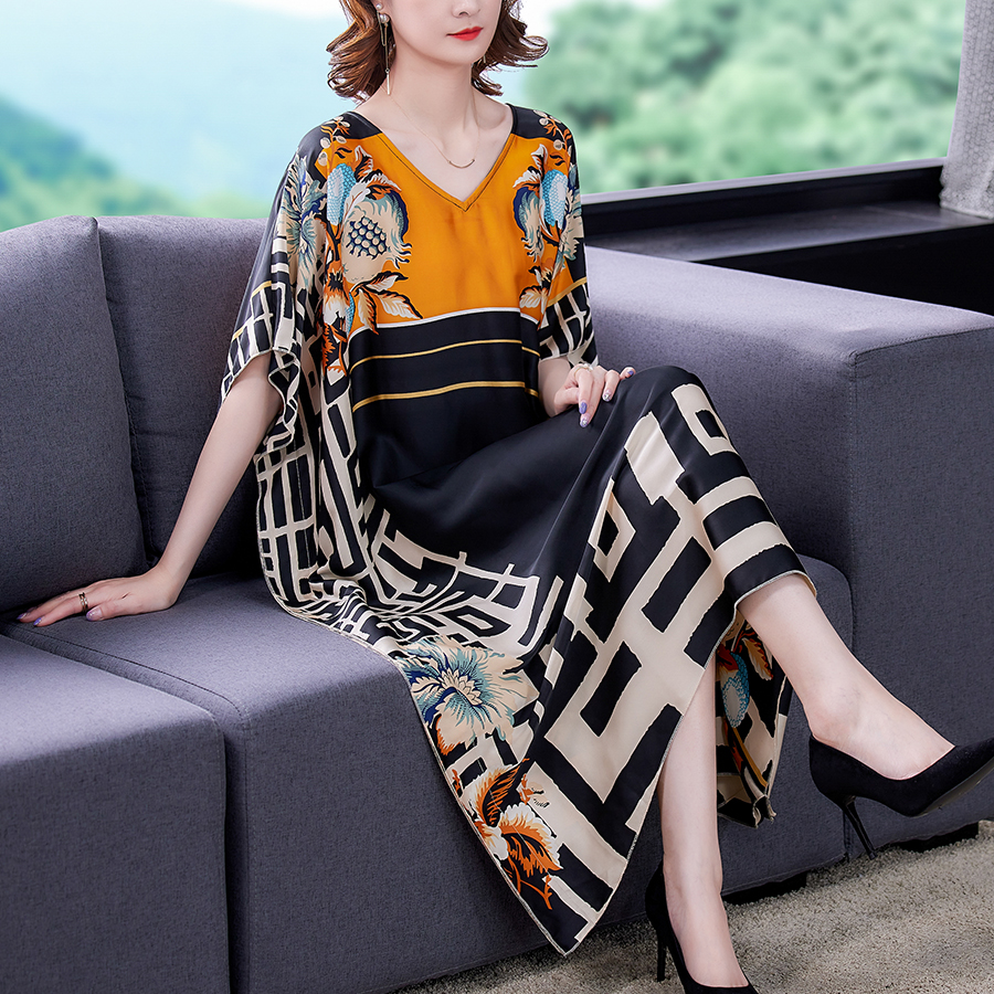 2022 Loose Casual Print Mulberry Silk Maxi Dress Spring Summer Vintage 5XL Plus Size Dress Elegant Women Bodycon Party Vestidos alx