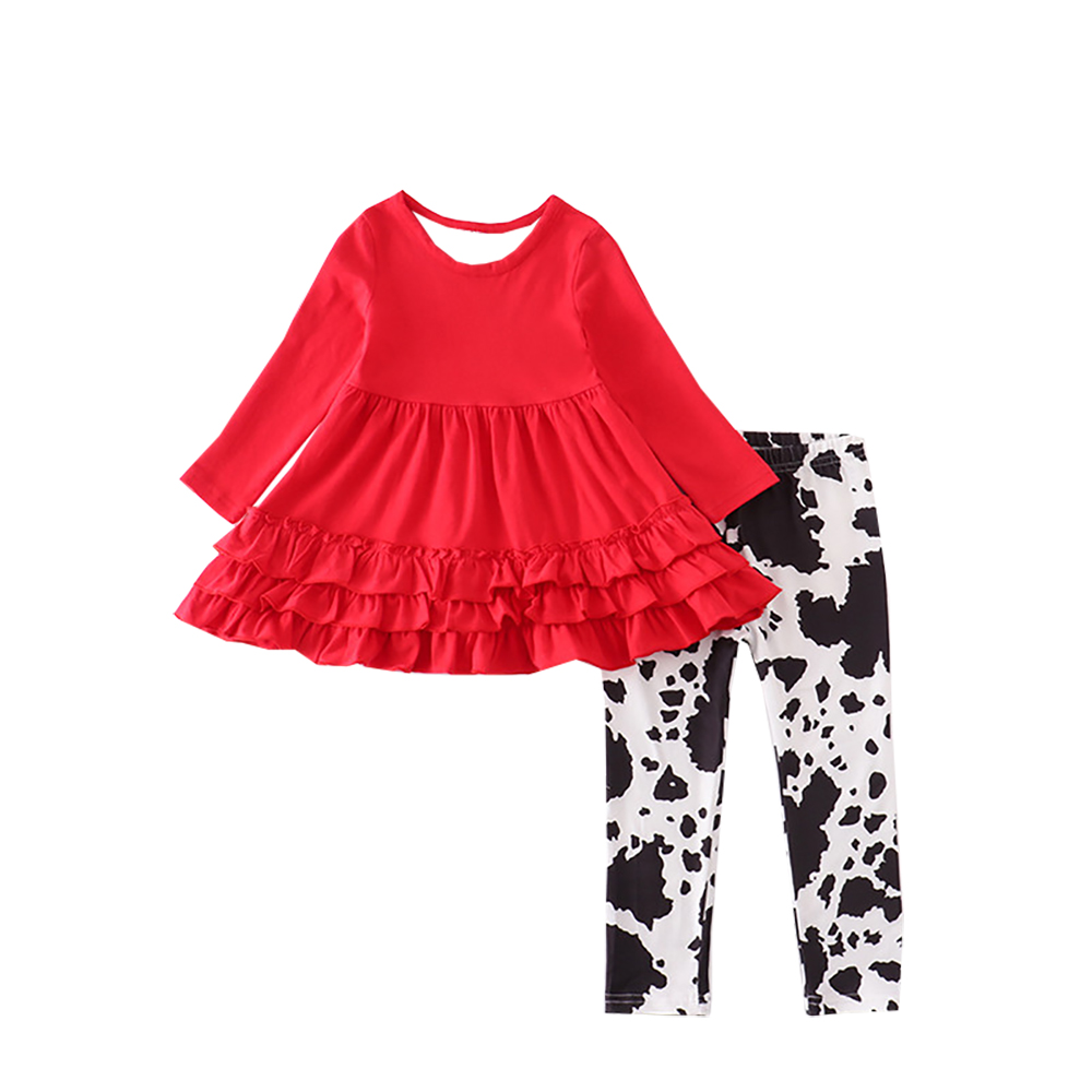 Boutique Fall/winter Baby Girls Set Children Red Long Sleeve Tunic Cow Print Leggings Outfit Kids Clothing alx