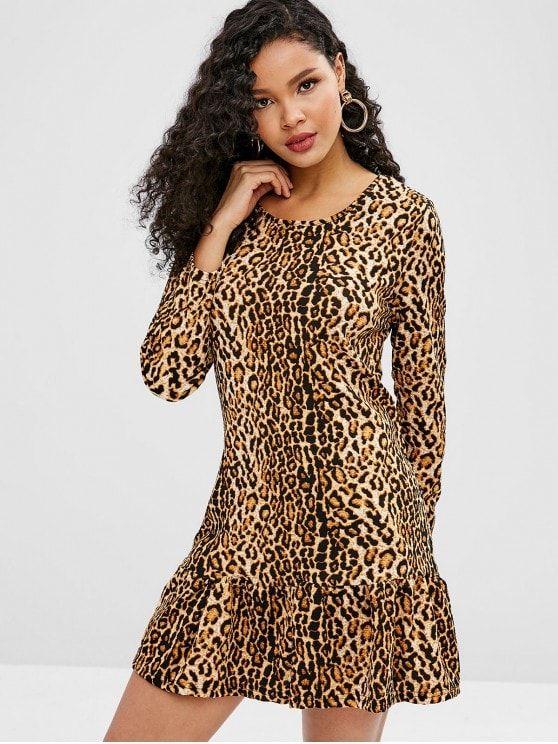 Ruffles Leopard Long Sleeve Dress