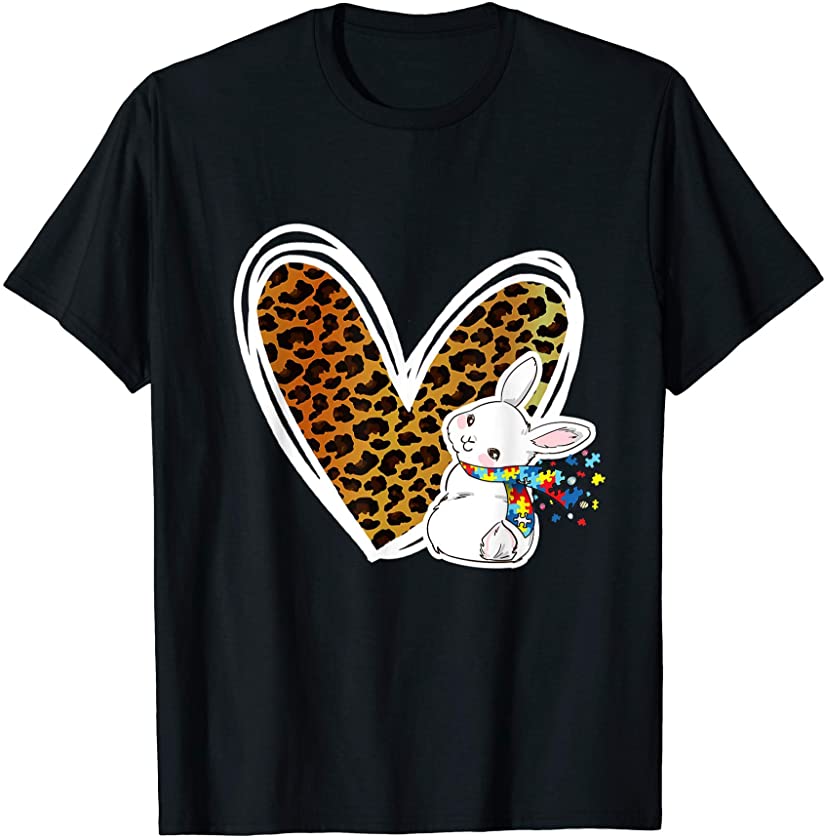 Cute Leopard Heart Easter Bunny Autism Awareness Kids Girls T-Shirt