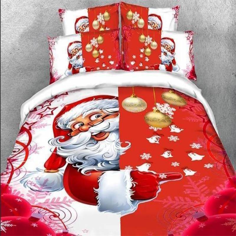 3D Santa And Christmas Decorations Printed Luxury 4-Piece Red Bedding Sets/Duvet Covers