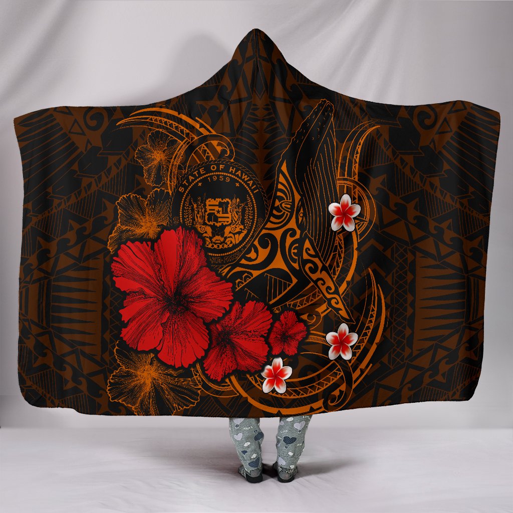 Polynesian Hawaii Hooded Blanket – Humpback Whale with Hibiscus (Golden) – BN15