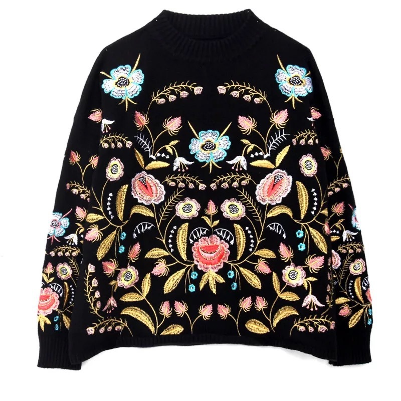 Spring 2021 Vintage Pullover Round Collar Flowers Embroidery Top Loose Korean Autumn Long Sleeve Women New Fashion Sweater Y2k alx