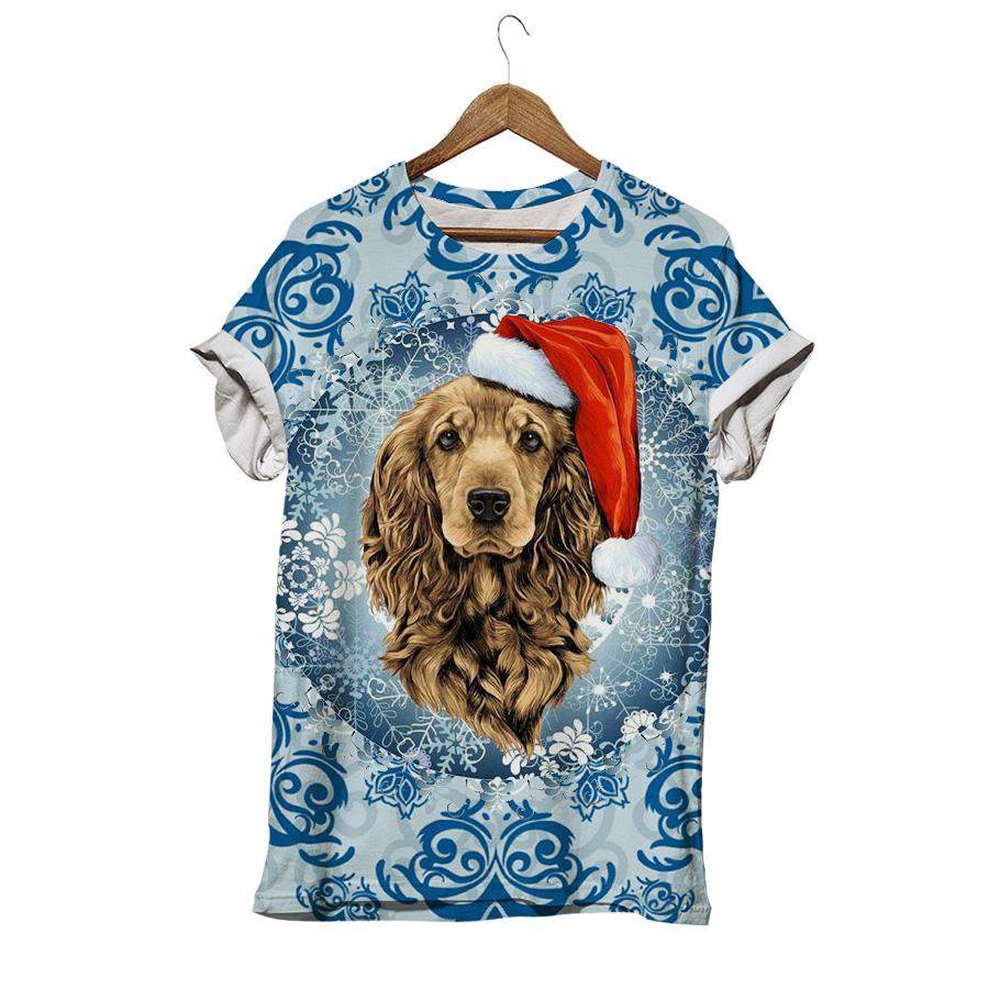 Puppy Dog In Santa Claus Hat With Snowflake Winter Snow Cocker Spaniel Dog T-shirt