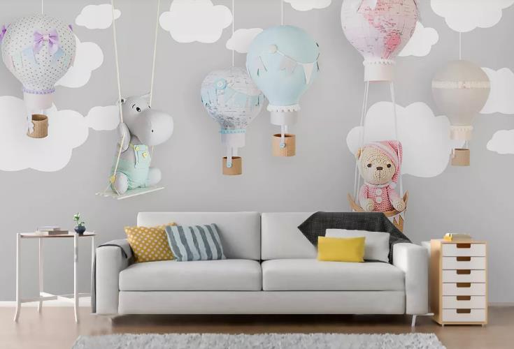 3D Hand Drawn Animal Cloud Hot Air Balloon Wall Mural Wallpaper Lqh 249