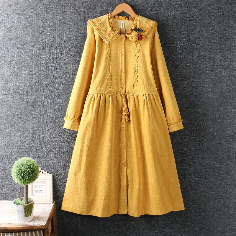 Autumn Corduroy Dress Women Long Sleeve single breasted Double Pockets Casual Dresses long sleeve dress loose bottomed skirts alx