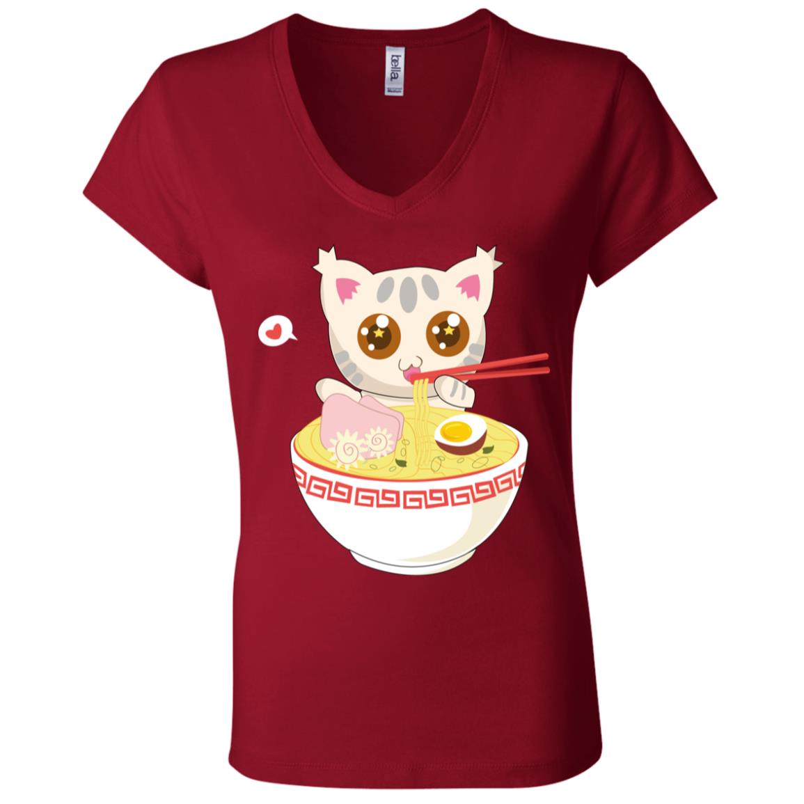 Ramen Cat Lone Sleeve Kawaii Kitten Kids Adults Women V-neck T-shirt