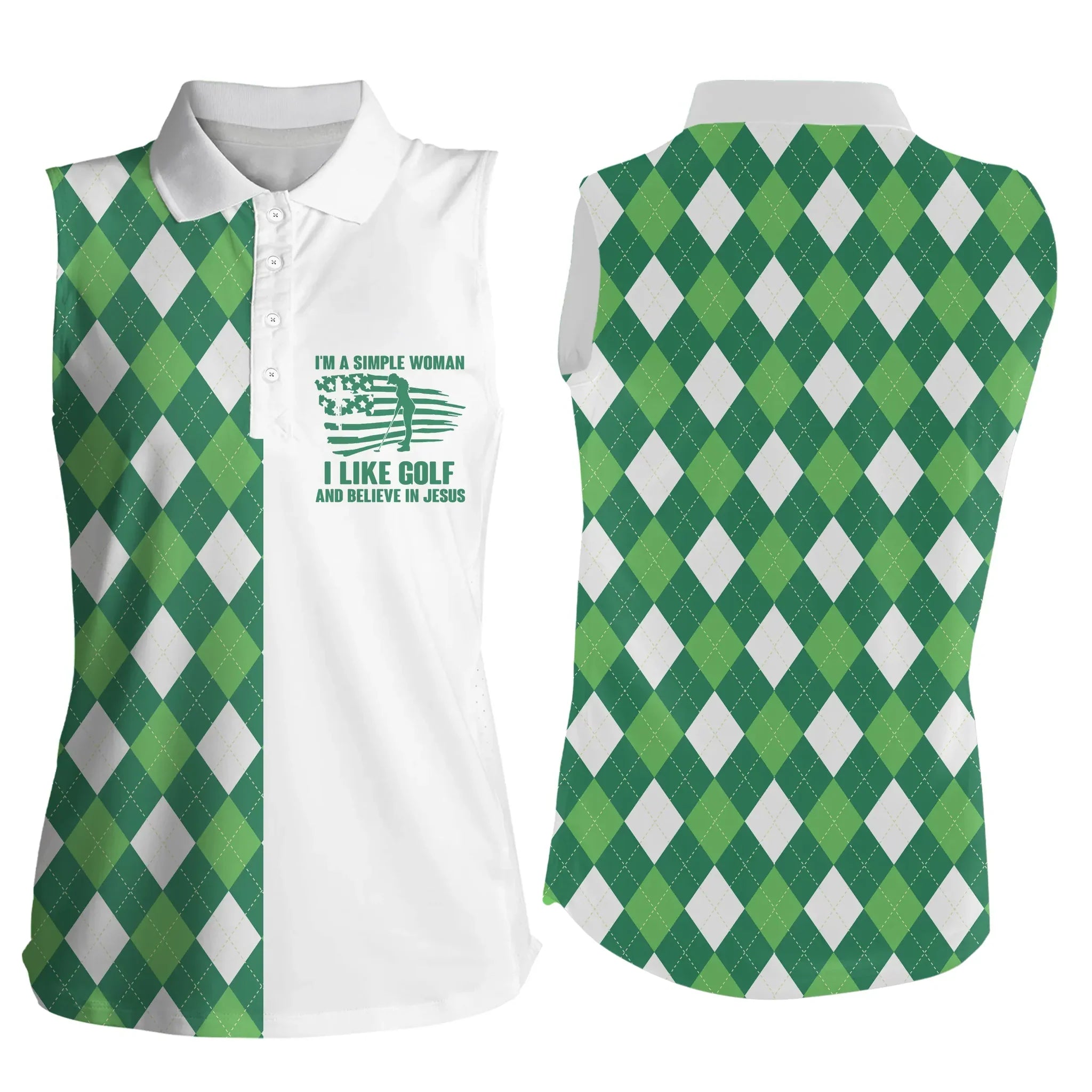 Womens Sleeveless Polo Shirt, Green Argyle Plaid I’M A Simple Woman I Like Golf And Believe In Jesus