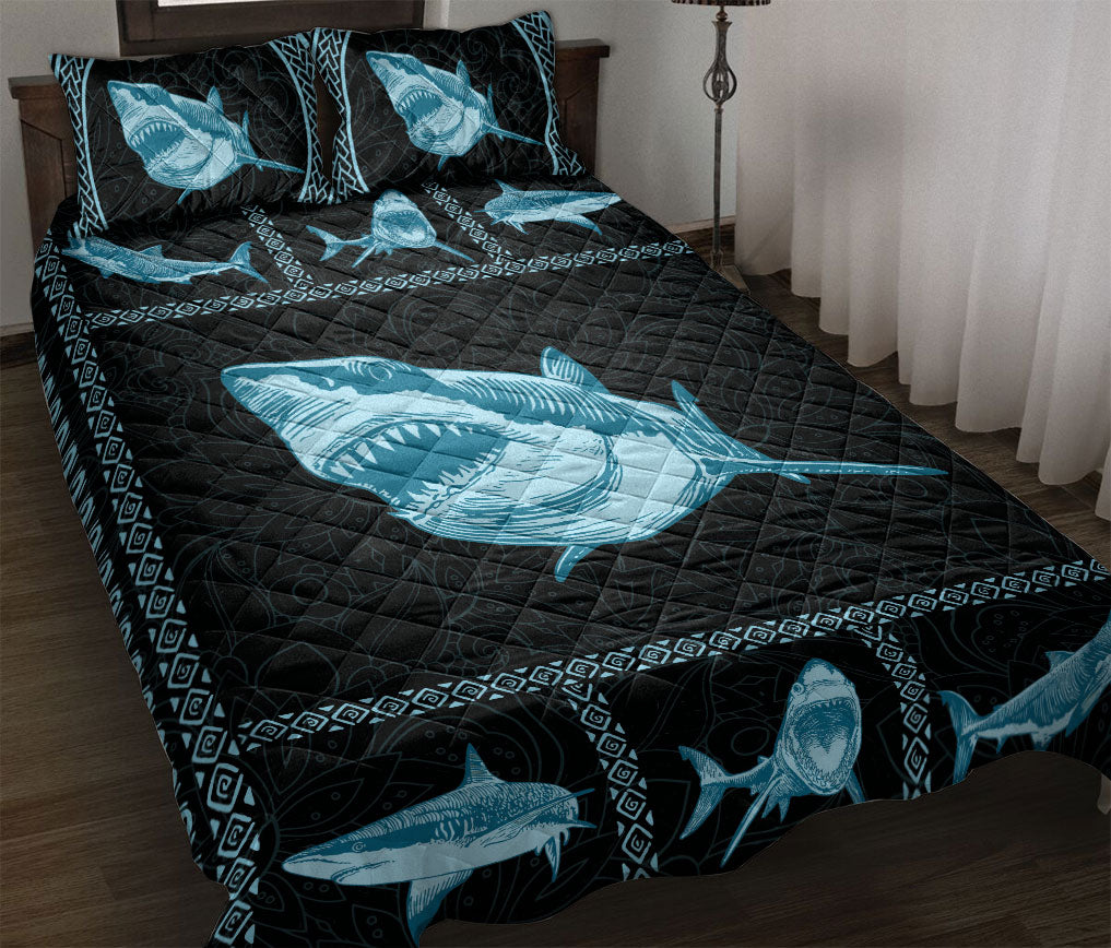 Shark Quilt Set, Black Blue Shark Patchwork Sea Mandala Quilt Blanket With Pillowcases, Quilt Bedding Set