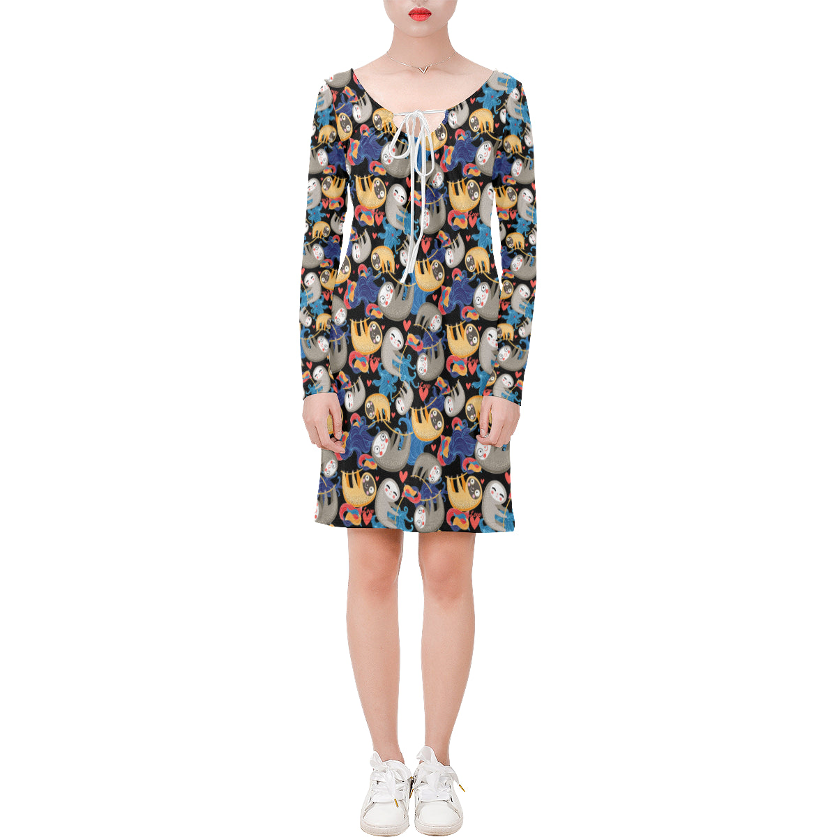 Sloth Cartoon Design Themed Print Long Sleeves Dress