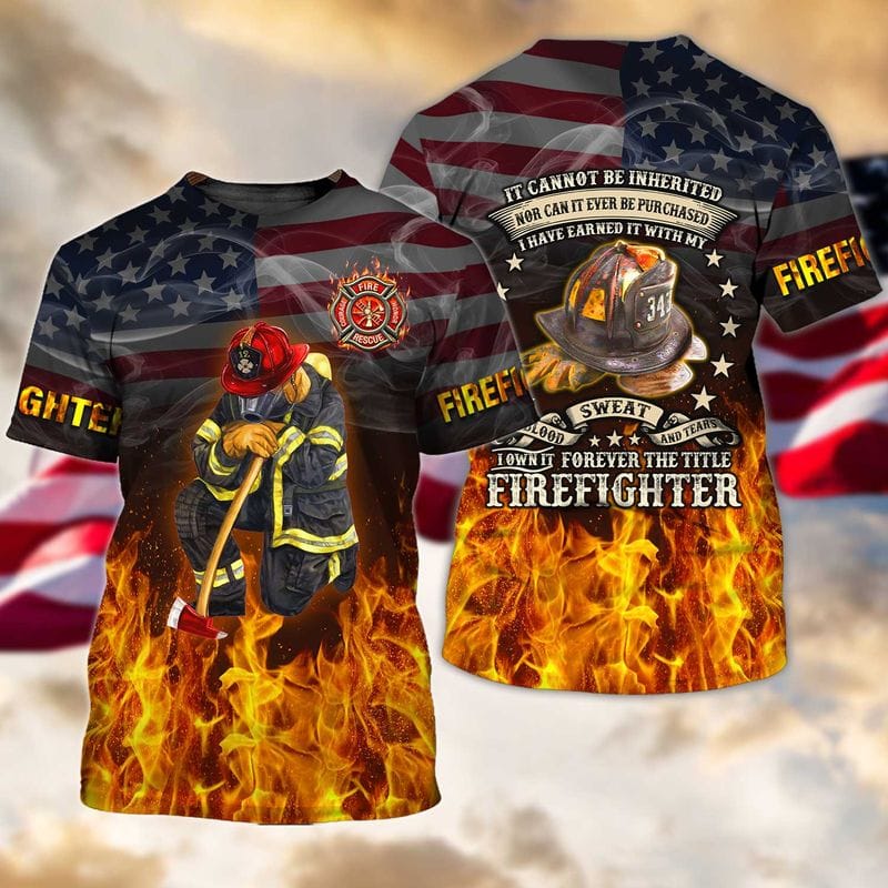 3D All Over Printed Us Firefighter Tshirt, Smoke Fire And Flag Pattern, Firefighter Uniform Shirt