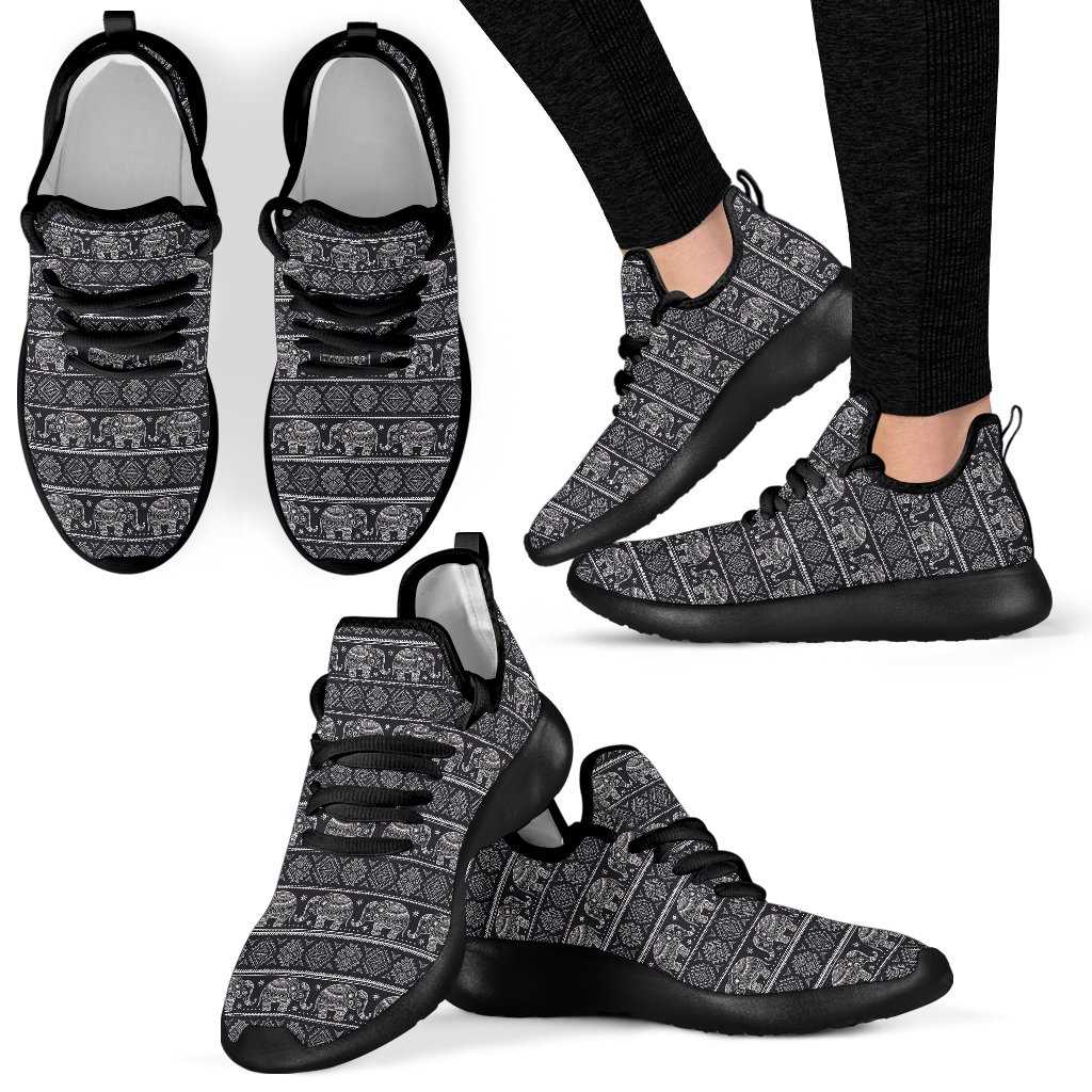 Black Aztec Elephant Pattern Print Men Women Knit Sneaker