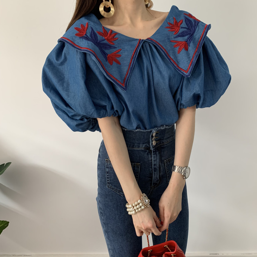 Alien Kitty Vintage Ethnic Style Flower Embroidey Blouses Women 2020 Summer Lantern Sleeve Loose Denim Shirt Femme Tops Blusas alx