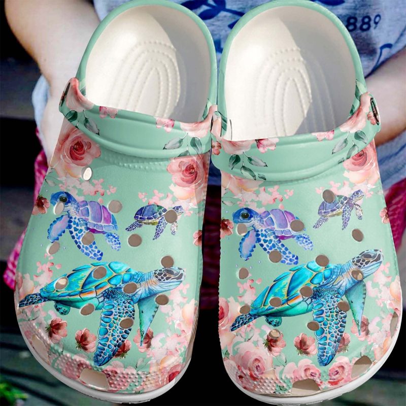 Sea Turtles With Roses Shoes – Beautiful Ocean Flower Clogs