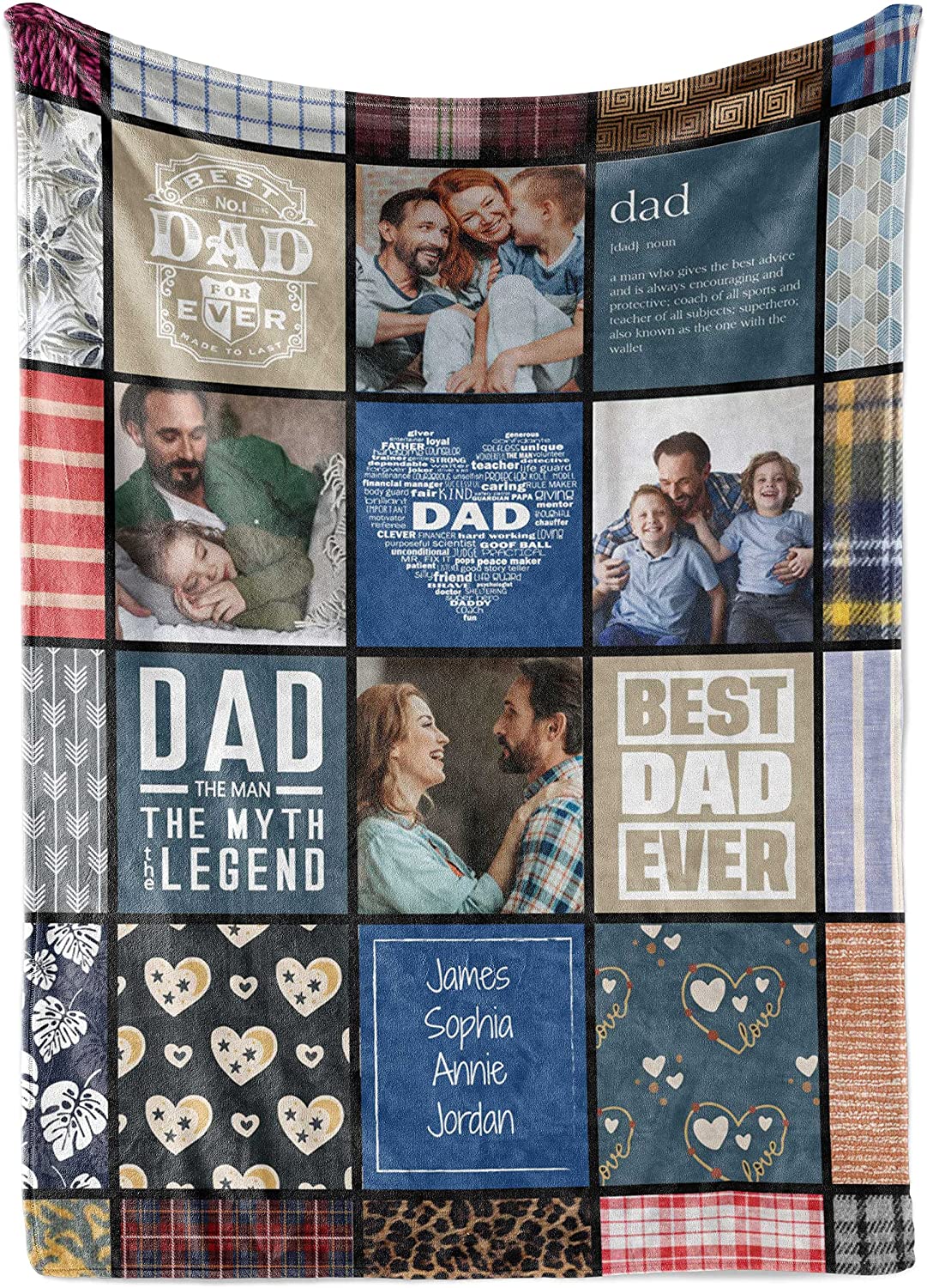 Dad Birthday Gift Photo Collage Throw Blanket, Gift For Dad Personalized Quilt Pattern Fleece Or Sherpa Throw From Daughter Or Son (Fleece3040)