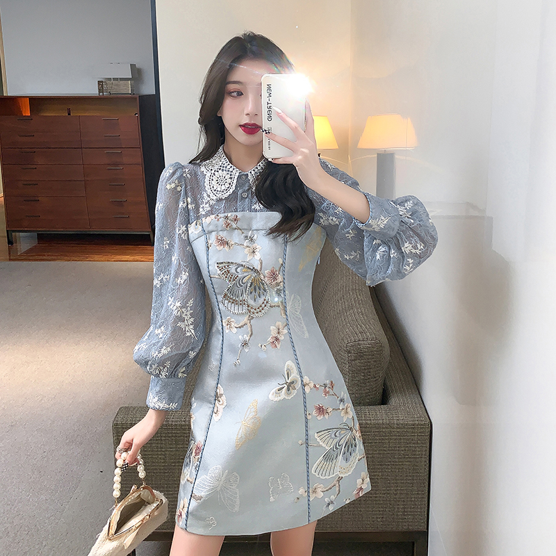 2022 Autumn Fashion Contrast Spliced Mini Dress Women New Lapel Lace Patchwork High End Beading Dresses alx