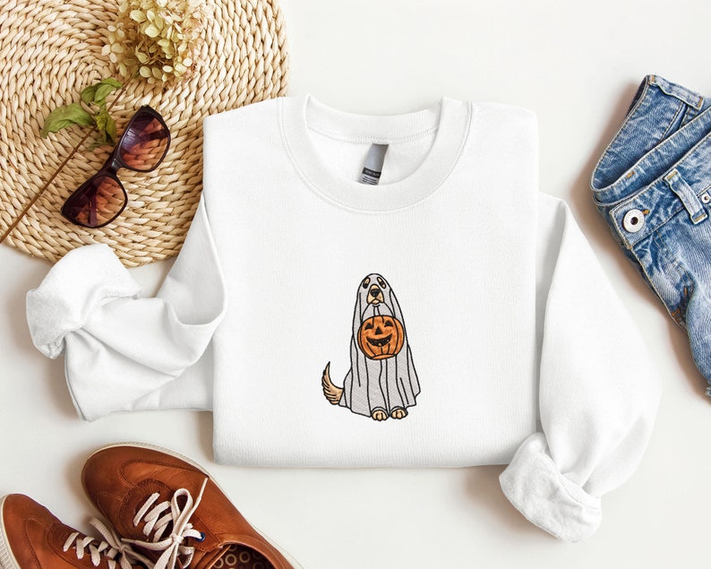 Halloween Ghost Dog Embroidered Crewneck Sweatshirt All Over Print Sweatshirt For Women Sweatshirt For Men Sws2474