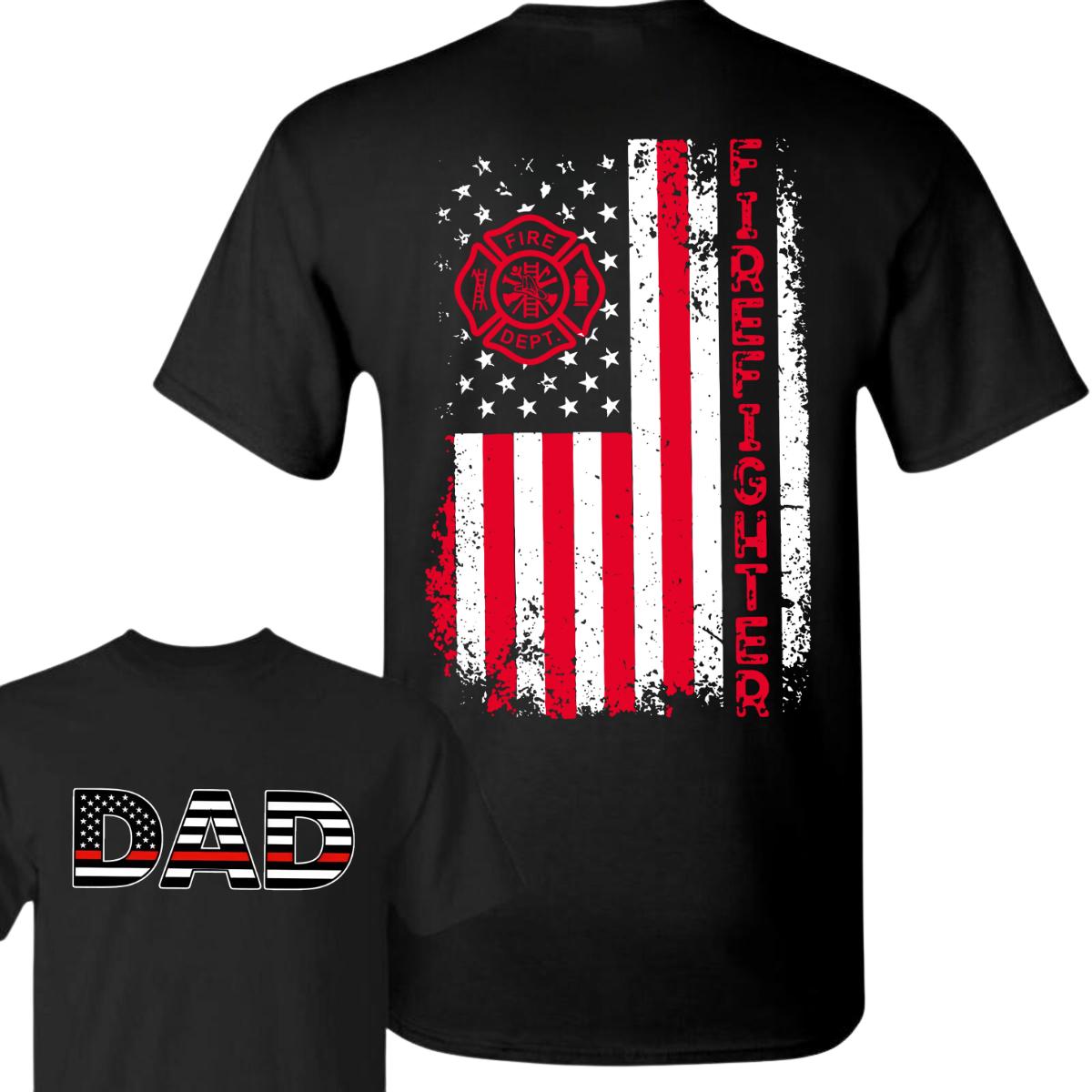Firefighter Dad T-Shirt – Distressed American Flag With Red Line And Fire Dept Logo , Proud Hero Dad Style , Unisex Casual Tee , Gift For Firefighter Fathers , Patriotic Support Shirt Menswear Top Classic
