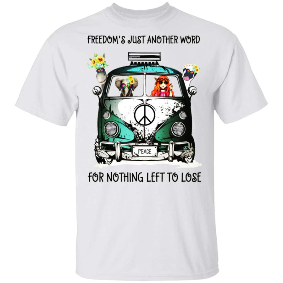 Freedom Just Another Word Hippie T-shirt For Men For Women, Unisex Tee, Birthday Gift, Hippy Gift, Elephant And Hippy Girl In Van Car T-shirt, Funny Tee