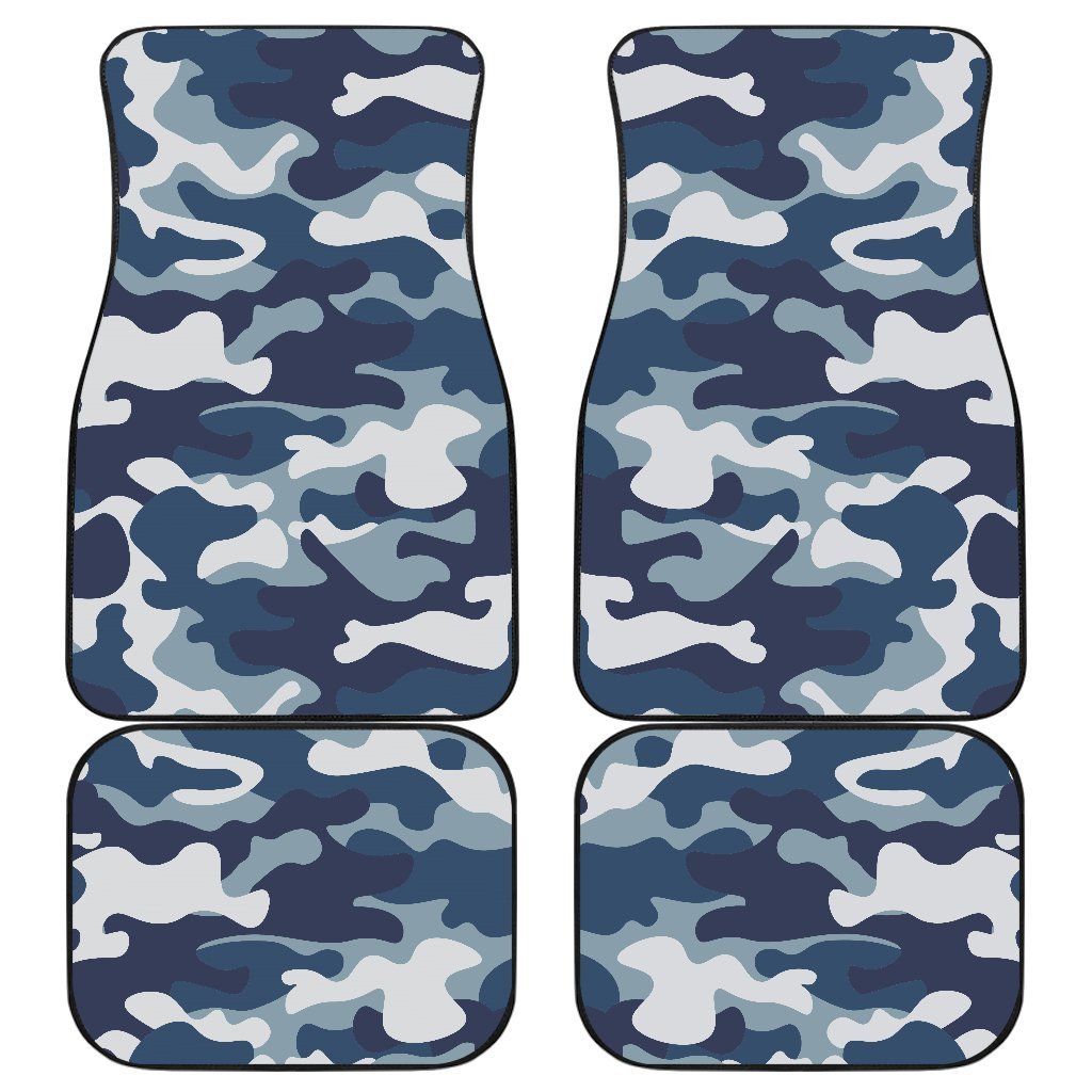 Blue And White Camouflage Print Front And Back Car Floor Mats, Front Car Mat