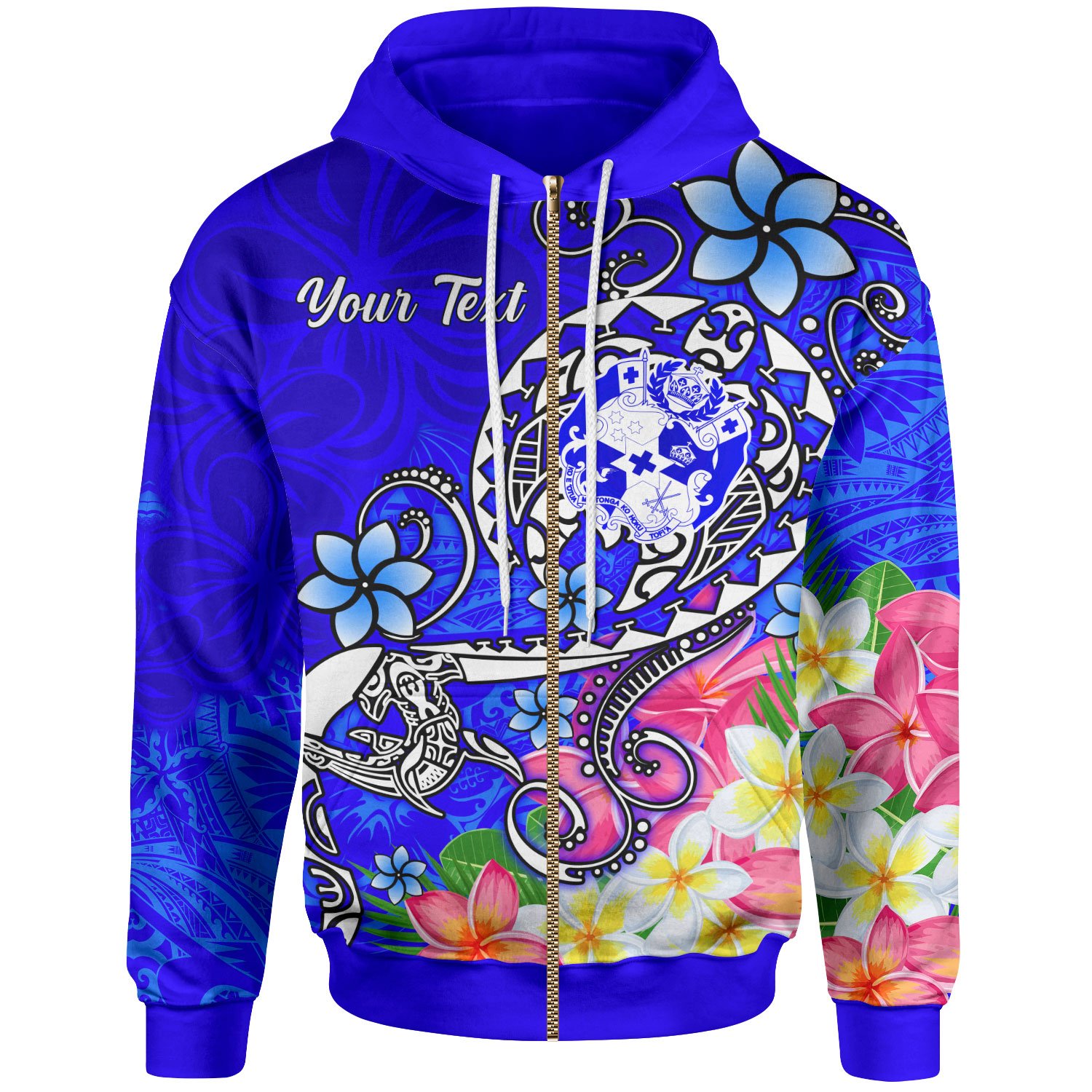 Tonga Custom Personalised Zip-Up Hoodie – Turtle Plumeria (BLUE) – BN18