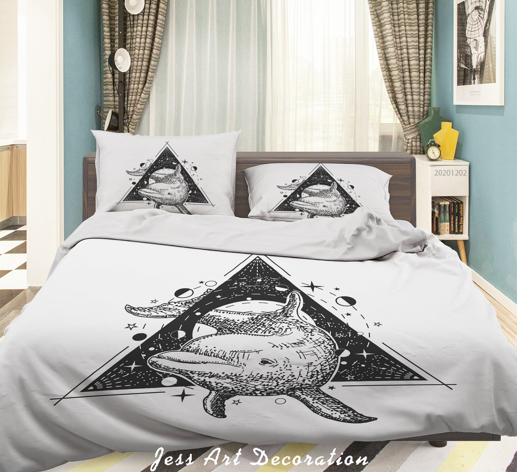 3D Hand Drawn Dolphin Geometric Triangle Star Quilt Cover Set Bedding Set Duvet Cover Pillowcases Lxl