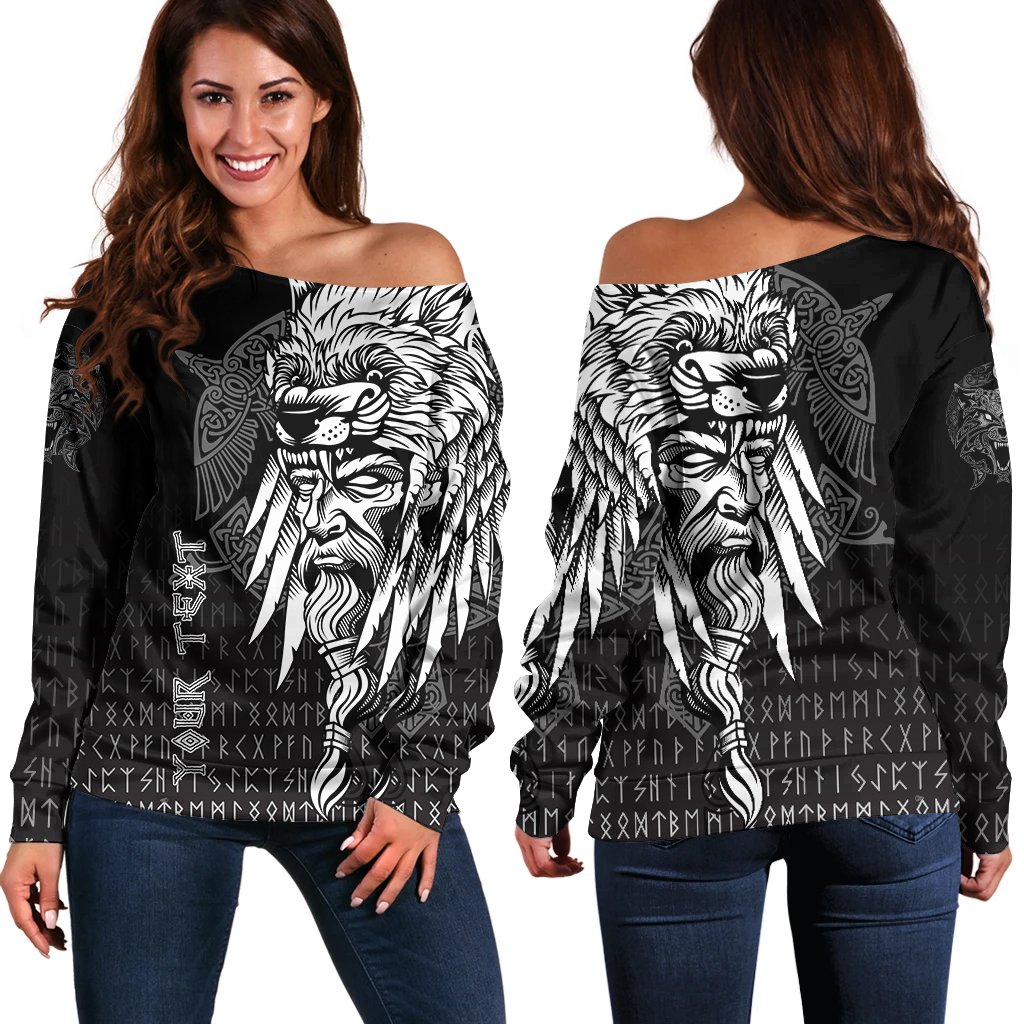 (Custom) Viking Women’s Off Shoulder Sweater Odin Raven and Fenrir on Hand A27